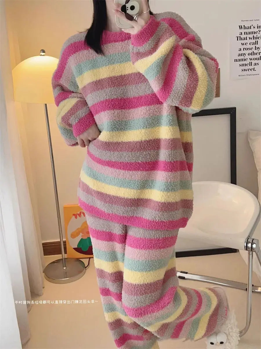 Winter Pajamas for Women: Cute Rainbow Pattern Korean Style Simple Half-Fleece Warm Pajamas Homewear Women's Winter Set