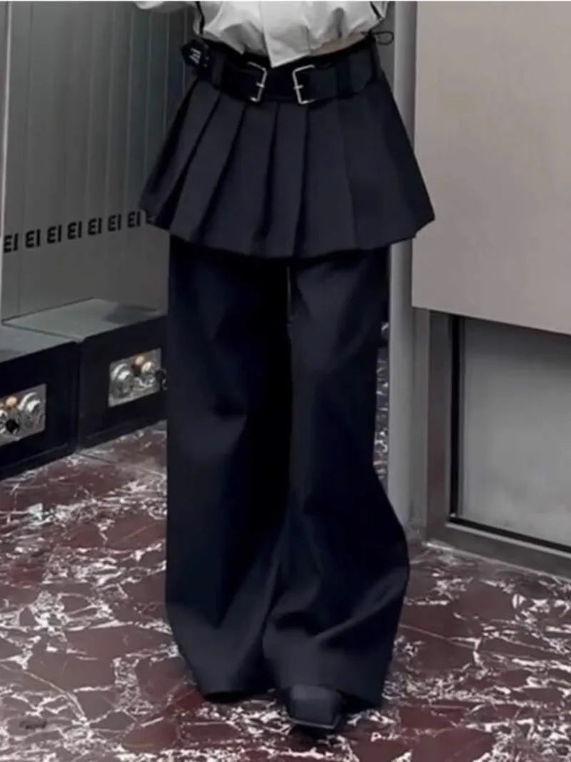 Fake Two-piece Wide Leg Pants for Women Korean Black Plain Cleanfit Casual Pleated Skirt Suit Trousers Streetwear 2025 New
