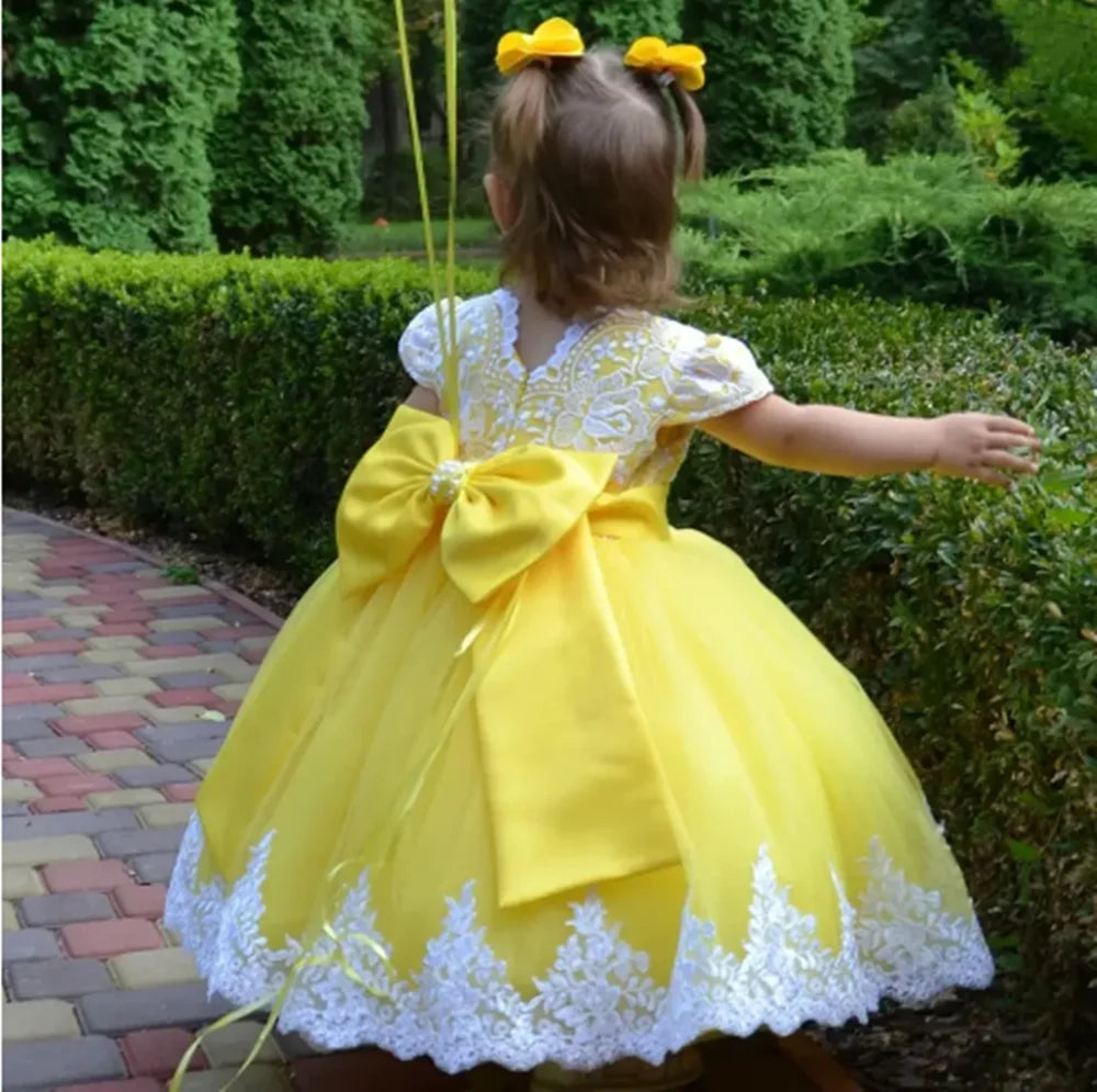 Yellow Flower Girl Dresses For Wedding Tulle White Appliques With Bow Cute Toddler Birthday Party Photo Shoot Gown