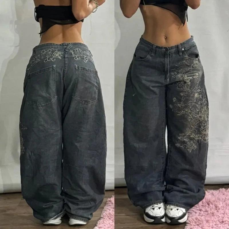 Y2K New Fashion Star Embroidery Patch Baggy Jeans Women Street Harajuku Vintage Hip Hop Casual Gothic High Waist Wide Leg Pants