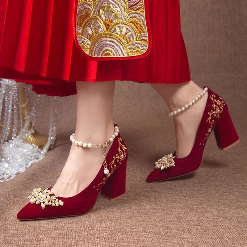 Wedding Shoes Female Footwear Bride Dress New Flower High Flat Floral Pumps Shoes Woman Flats Dress Wedding New Floral Pumps