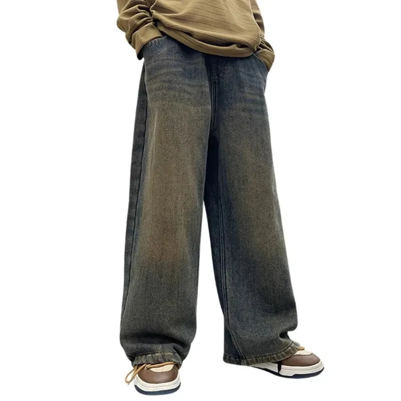 Autumn Winter School Boy Insulate Jeans Denim Pants Streetwear Child Retro Blue Straight Cut High Waist Warm Thermal Trousers