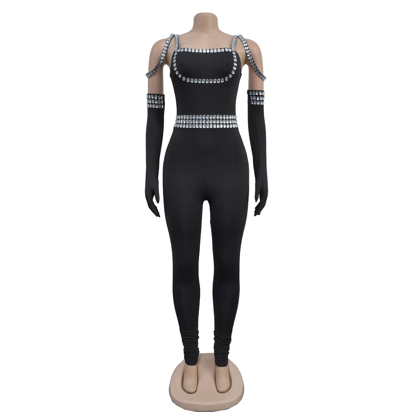 CM.YAYA Women Diamonds Hot Rhinestones Sexy Strap Long Sleeve Jumpsuits Streetwear Club One Piece Overall Rompers with Gloves