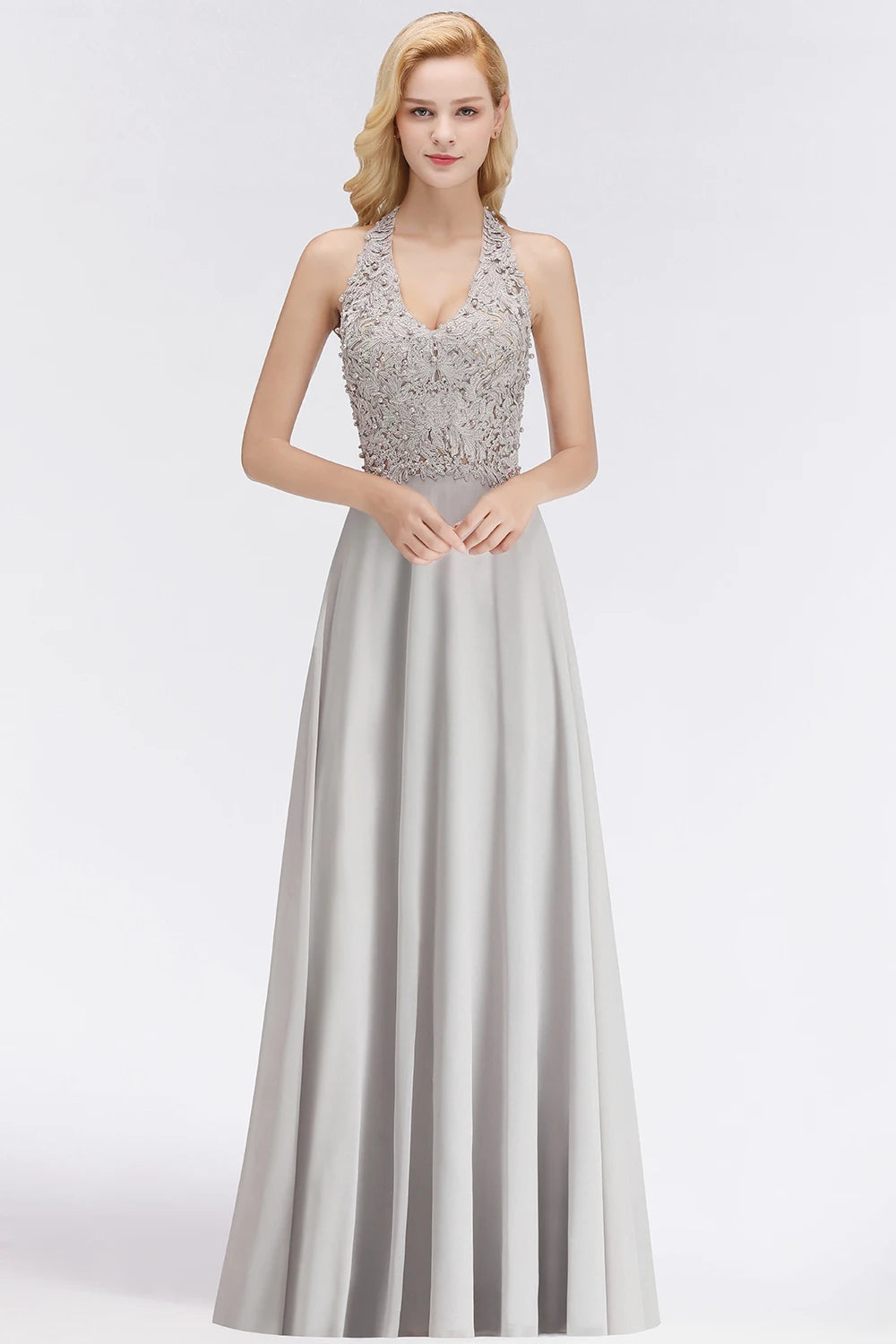 BABYONLINE Halter Neckline Lace Pearls Bodice Bridesmaid Dress Long Floor-length Skirt Chiffon Sexy Open Back Wedding Clothes