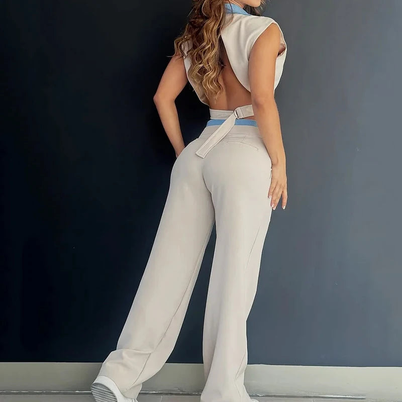 Wefads Two Piece Set Women Summer Fashion Patchwork Sleeveless V Neck Lapel Backless Button Top Straight Pants Sets Streetwear