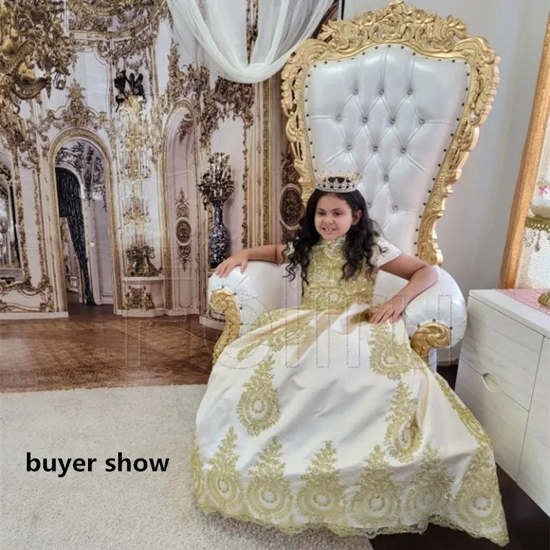 Gorgeous Golden Long Flower Girl Dresses for Wedding Pageant Birthday Cap Sleeve Lace Appliques Child Holy Communion Gown