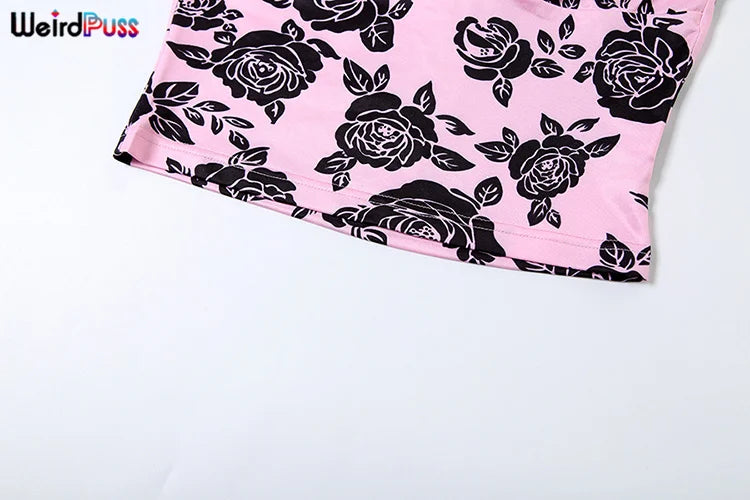 Weird Puss Flower Print Women 2 Piece Set Elegant Summer Trend Lace Bow Camisole+Peach Hip Skirts Matching Streetwear Outfits