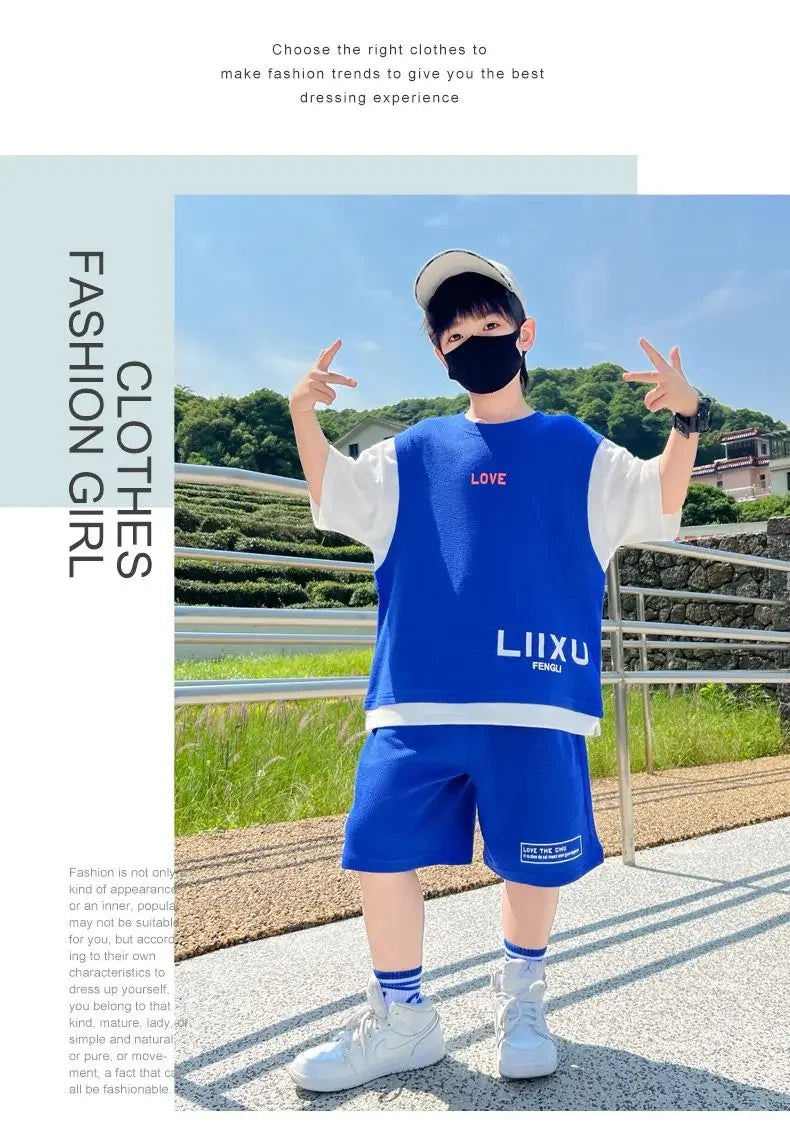 Junior Boys Summer Suit Children's Fashion Patchwork Short Sleeve Shorts Sports Suit Clothing 3-14Y Trend
