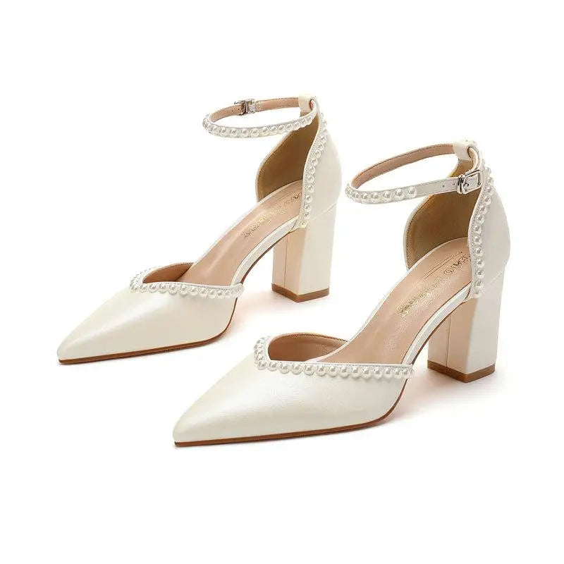 Size 34-48 Pointed Tie High Heels White Bridal Shoes Thick Heel Hollow Handmade Pearls Women's Wedding