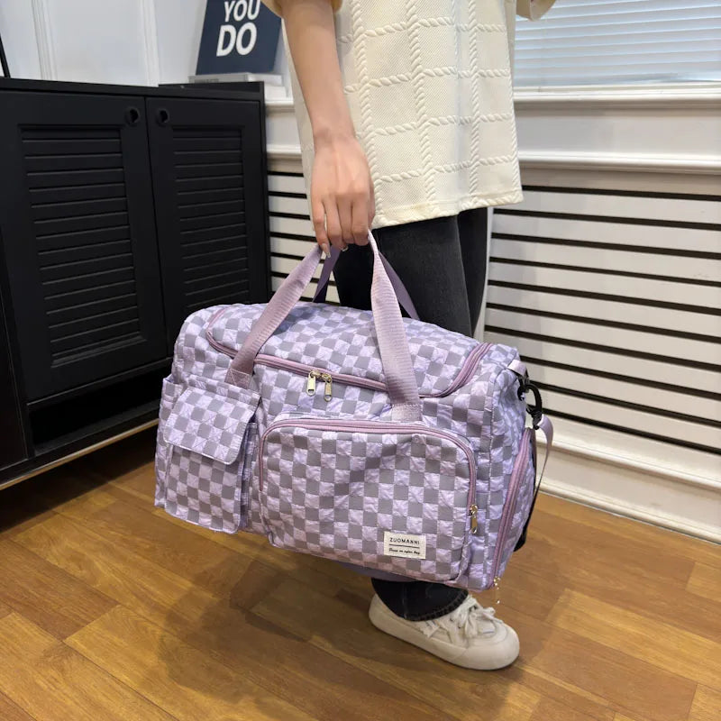 Fashion Large Capacity Checkerboard Pattern Duffle Handbag, Lightweight Travel Luggage Storage Bag, Portable Sports Fitness Bag