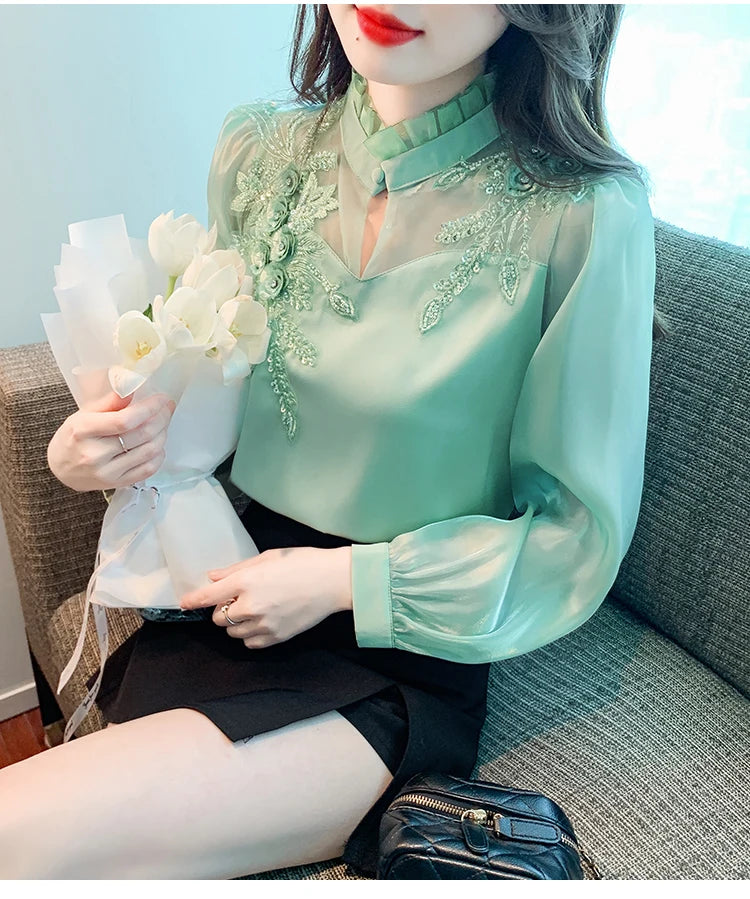 H Han Queen Elegant Autumn Shirt Embroidery Beads Chiffon Simple Office Blouse Loose Tops Long Sleeve Casual Blouses Women