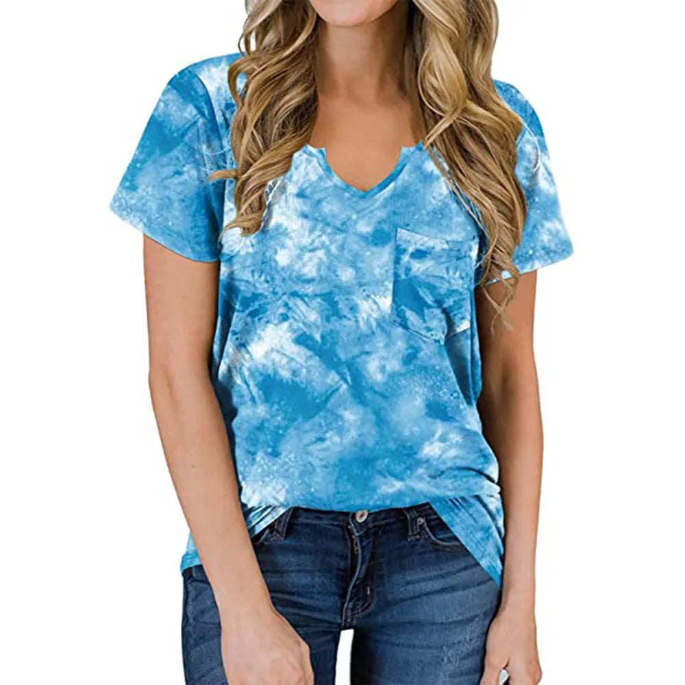 2024 Europe and the United States spring and summer new women's top printed V-neck short sleeve loose pocket T-shirt woman
