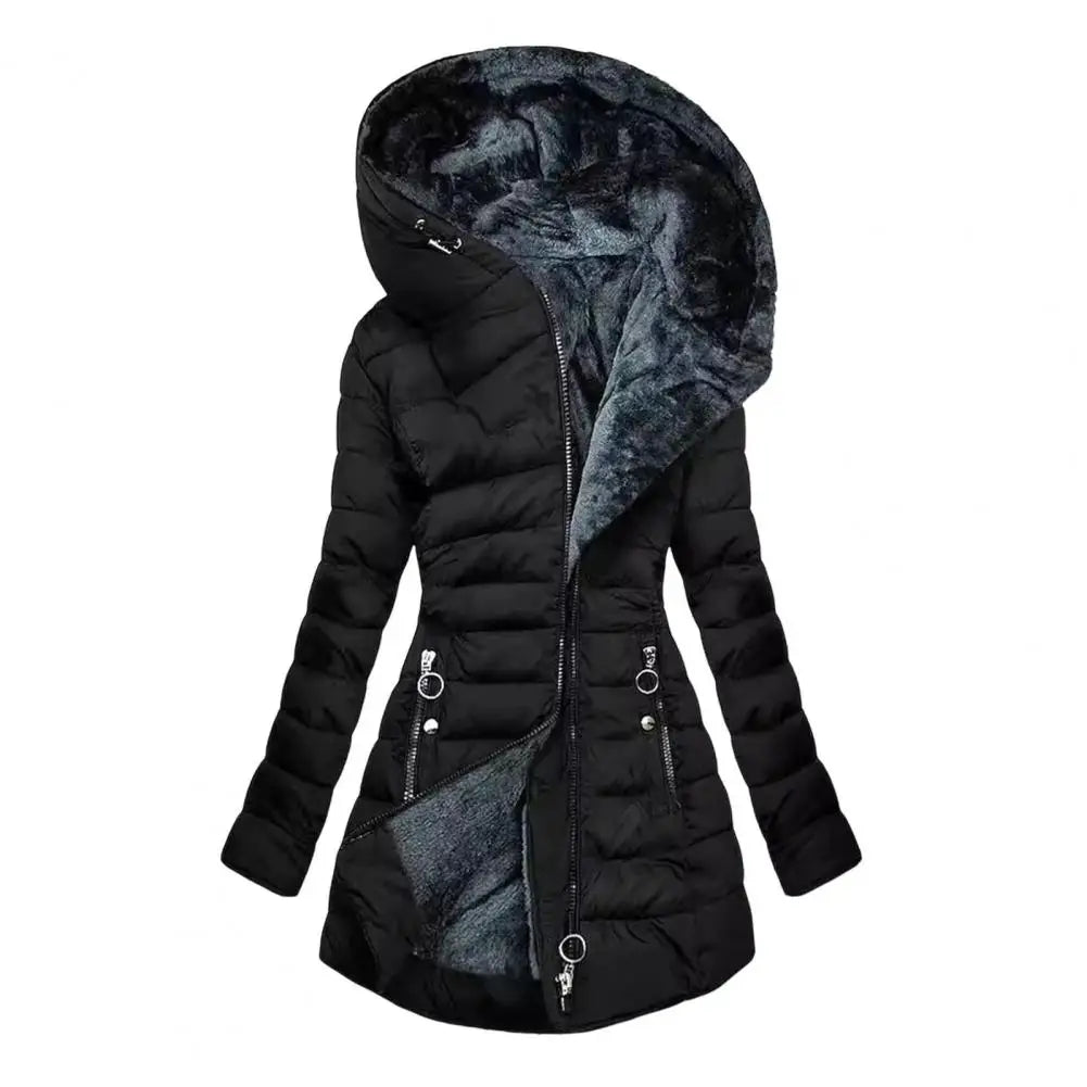 Long Sleeve Coat Plus Size Women's Winter Jacket with Plush Lining Hooded Outerwear Warm Windproof Down Coat for Cold Weather
