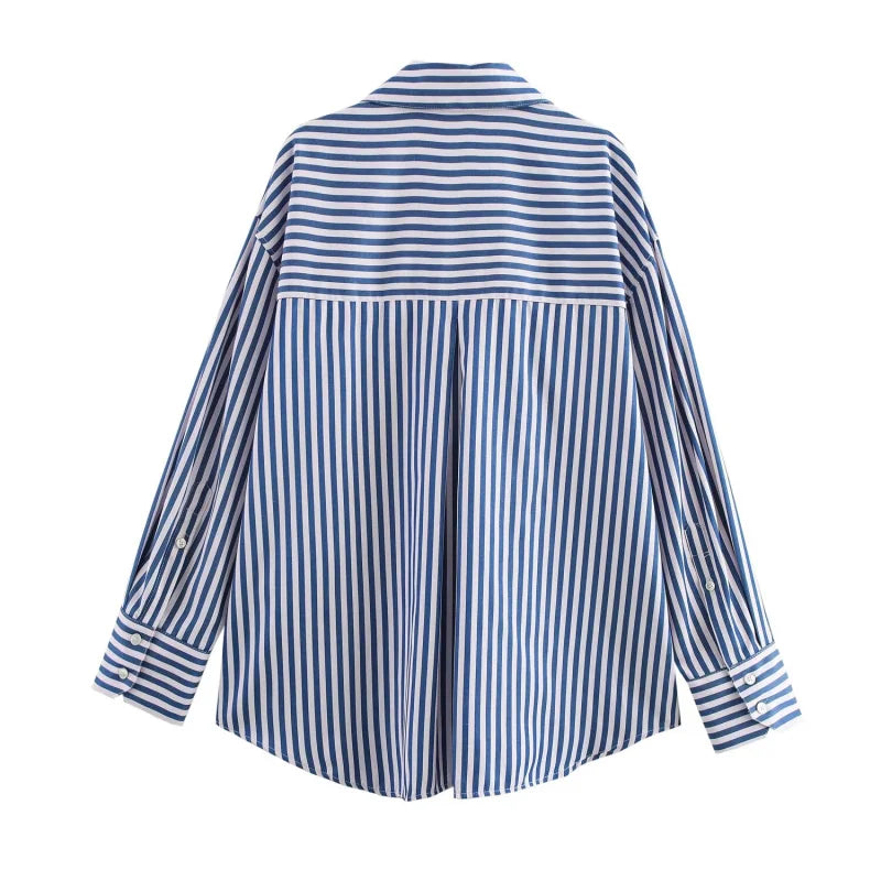 Traf 2025 women's spring new Europe-American fashion striped long sleeve lapel loose version poplin shirt multi-color selection