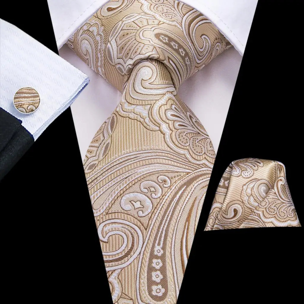 Hi-Tie Champagne Ivory Floral Solid Design Silk Wedding Tie For Men Quality Hanky Cufflink Fashion Nicktie Business Dropshipping