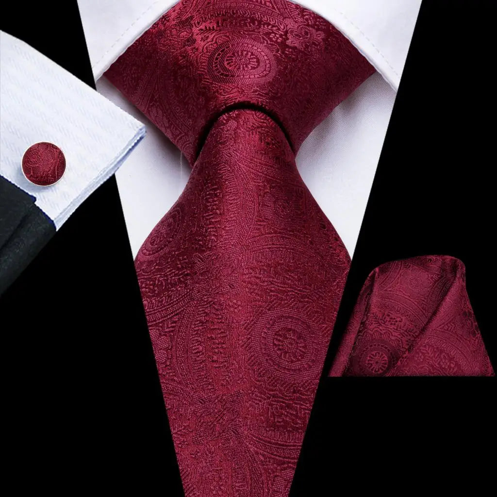 Hi-Tie Designer Red Burgundy Plaid Silk Wedding Tie For Men Handky Cufflink Gift Mens Necktie Fashion Business Party Dropshiping