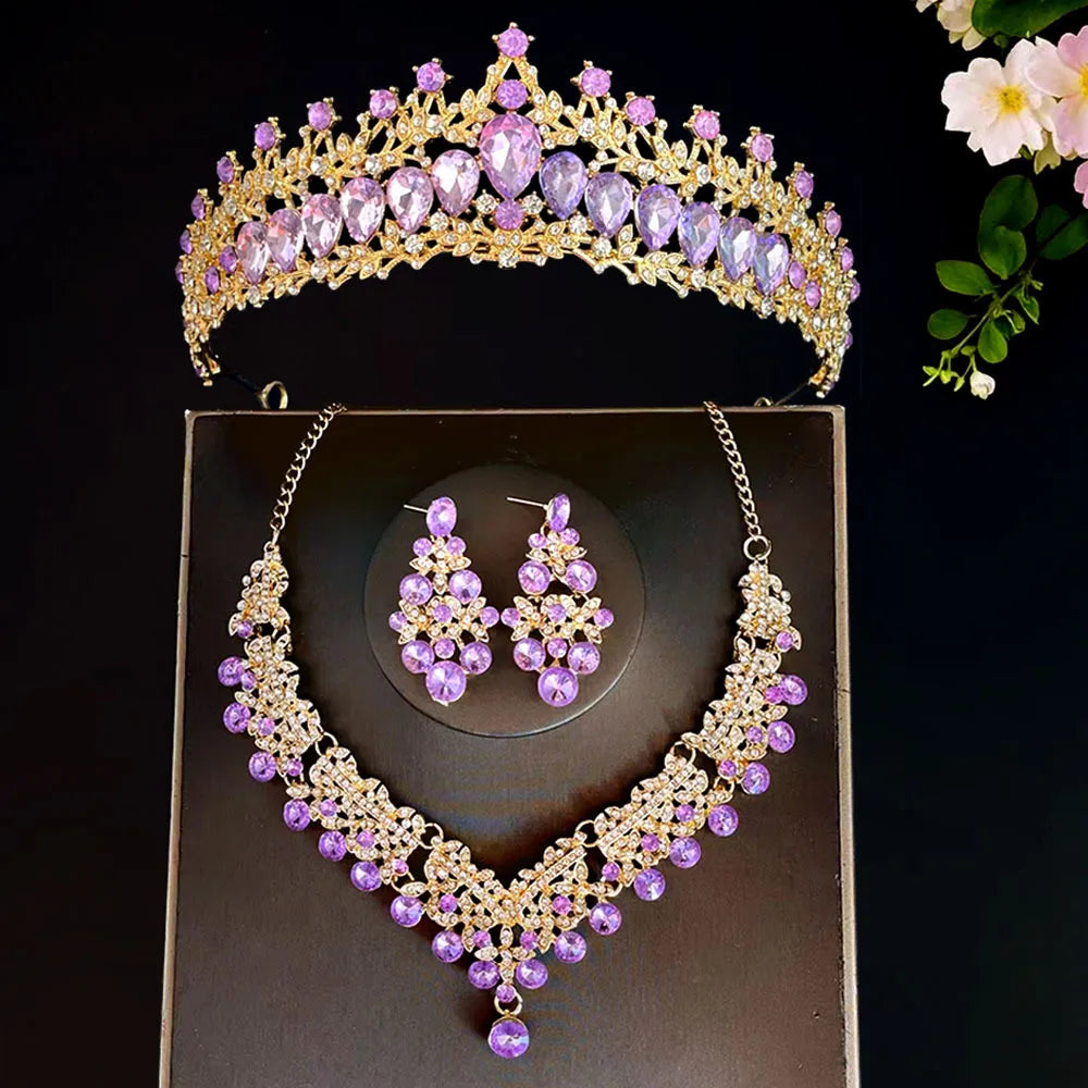 Bridal headwear, crown, three piece set, wedding necklace, earrings, crystal set, European and American wedding accessories