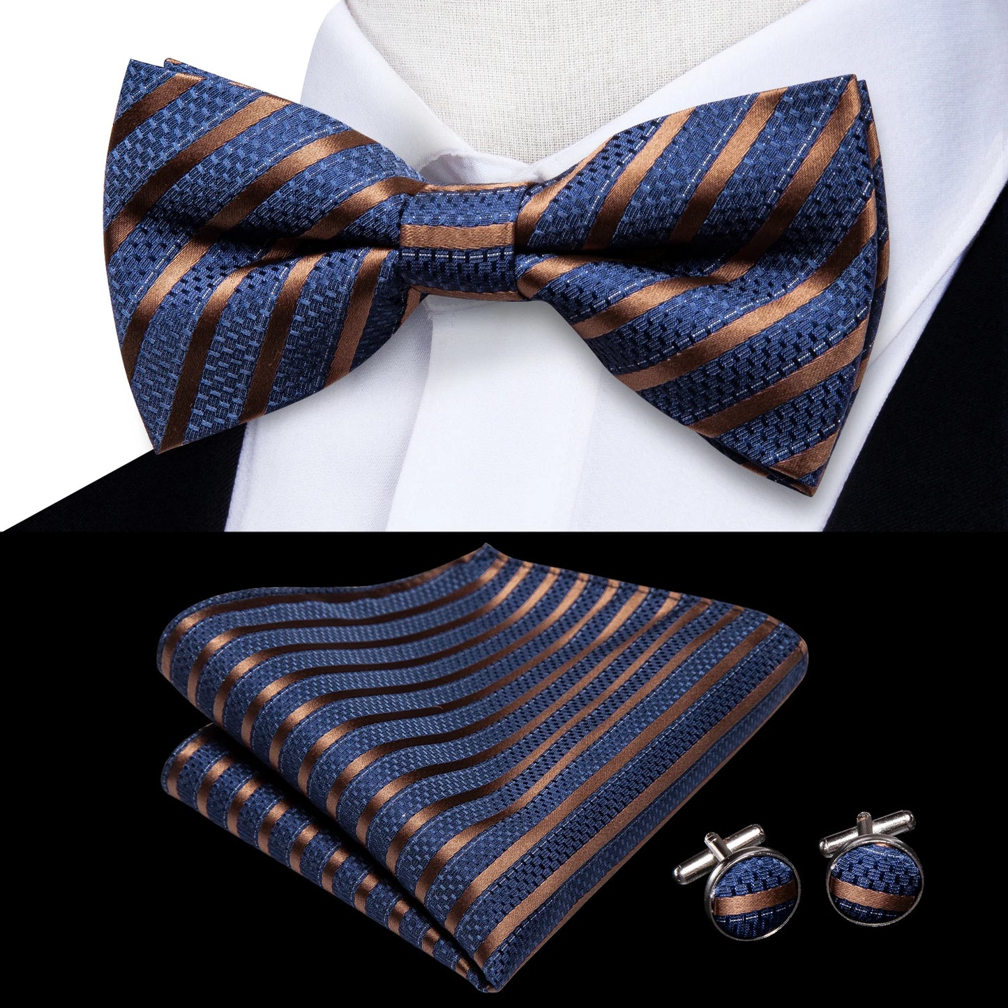 Hi-Tie Pink Dot Silk Mens Pre-tied Bow Tie Hanky Cufflink Set Dusty Pink Butterfly Knot Bowtie for Male Wedding Business