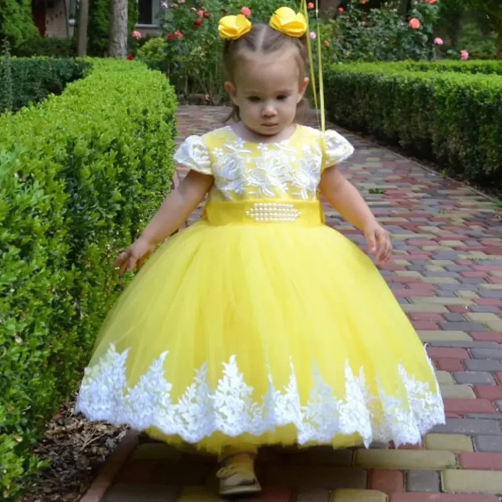 Yellow Flower Girl Dresses For Wedding Tulle White Appliques With Bow Cute Toddler Birthday Party Photo Shoot Gown