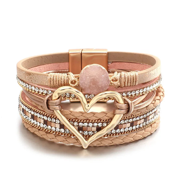 WYBU Love Heart Charm Leather Bracelets For Women Fashion Braided Bangles Multilayer Resin Stone Hollow Leather Wrap Bracelets
