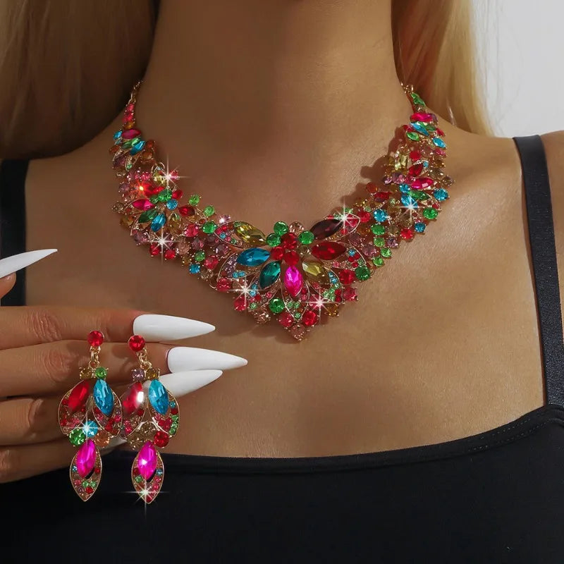 Wedding Bride Necklace Earrings Set Luxurious Simple Flower Rhinestone Clavicle Chain Necklace Eardrop Party Banquet Accessories