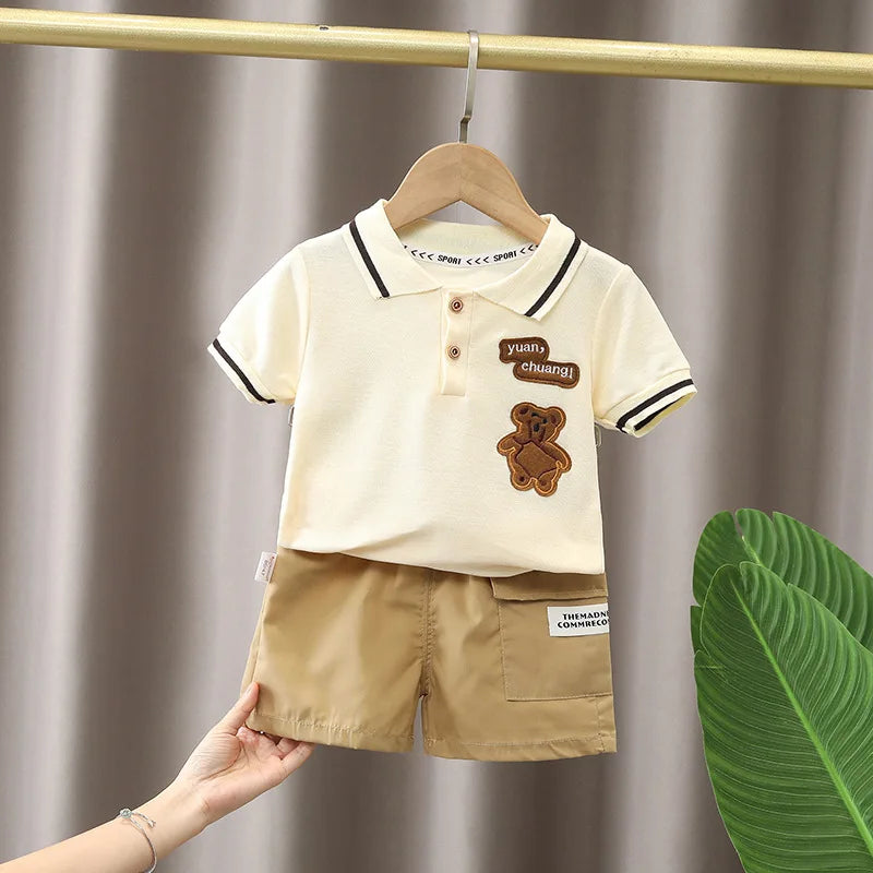 Boys' Summer Polo Shirt+Shorts Two Piece Set Clothing Summer New Children's Fashion Bear Short Sleeve Tracksuit 1 to 5 Years