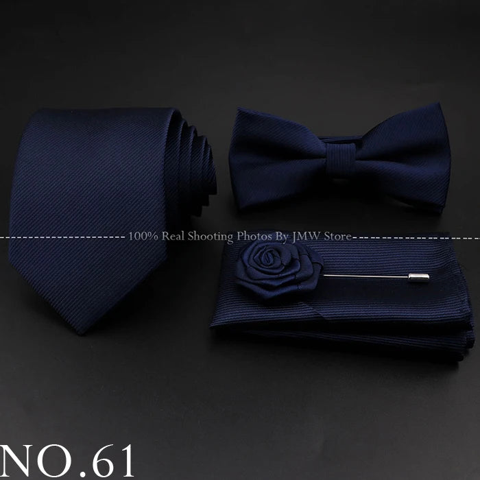 Hot Sale Red Blue Tie Set Polyester Slim Striped Necktie Bowtie Cufflink Brooch For Groom Suit Wedding Cravat Shirt Accessory