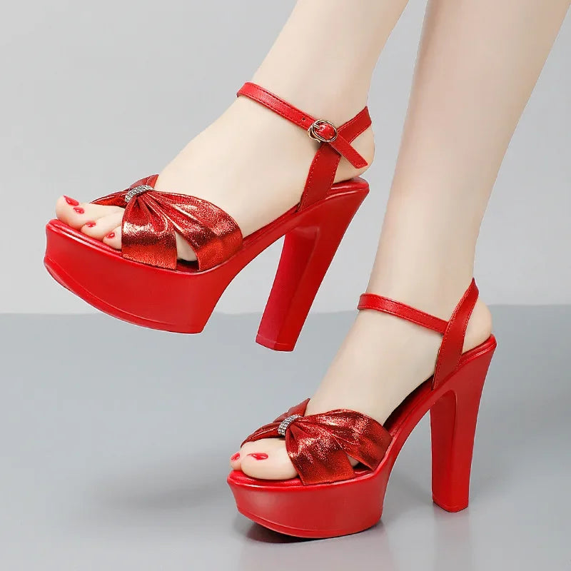 Plus Size 32-43 Elegant Silver Red Wedding Shoes Women Platform Sandals Summer 2025 Block High Heels Leather Sandals Model