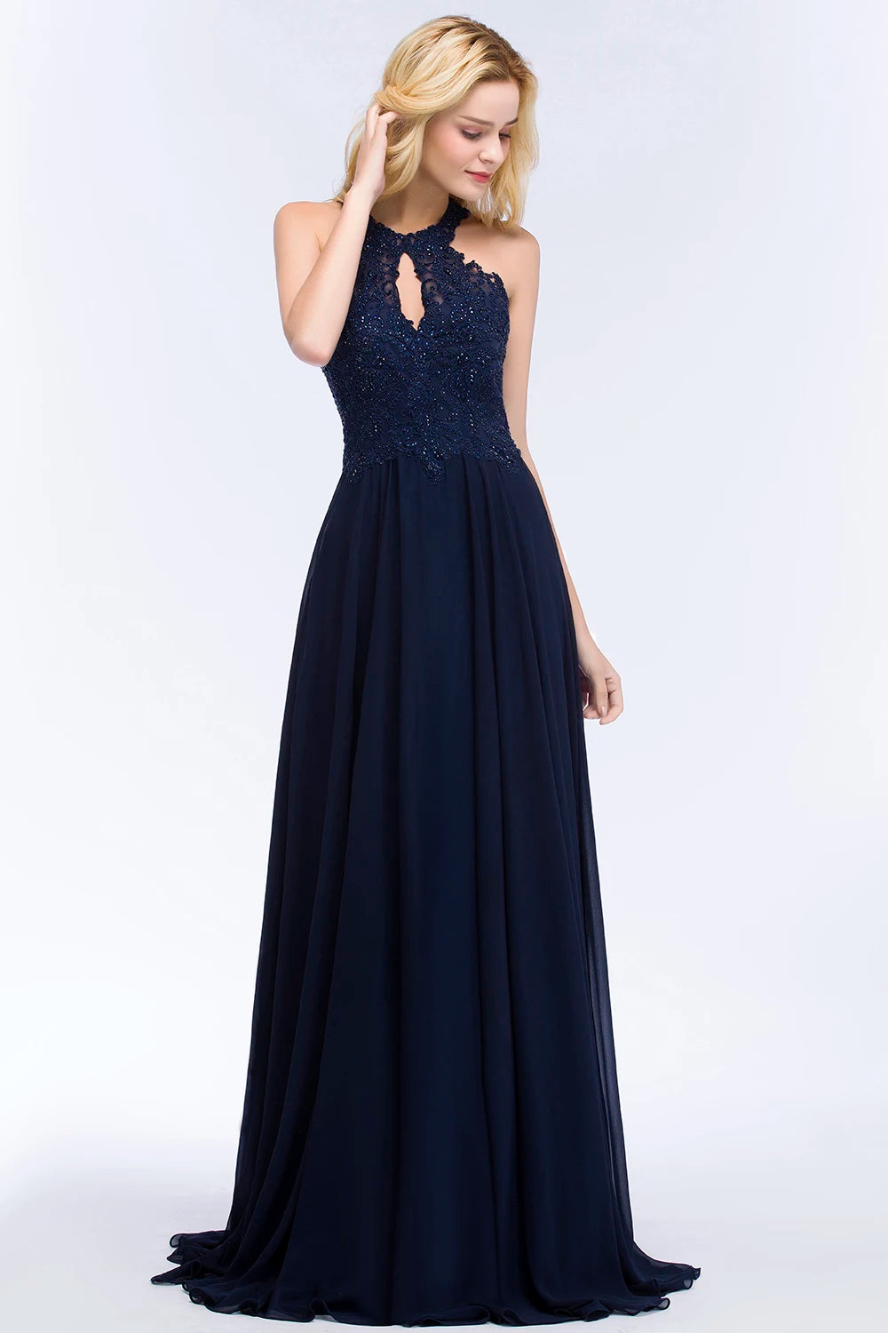 BABYONLINE Halter Neckline Lace Pearls Bodice Bridesmaid Dress Long Floor-length Skirt Chiffon Sexy Open Back Wedding Clothes
