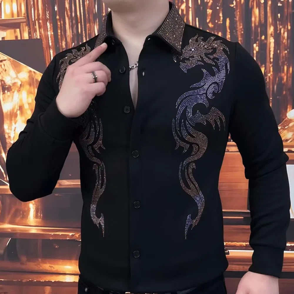 Quality Black Rhinestones Animal Shirt Camiseta Masculina Autumn Shirts For Men Social Club Outfits Hot Diamond Print Shirt Men