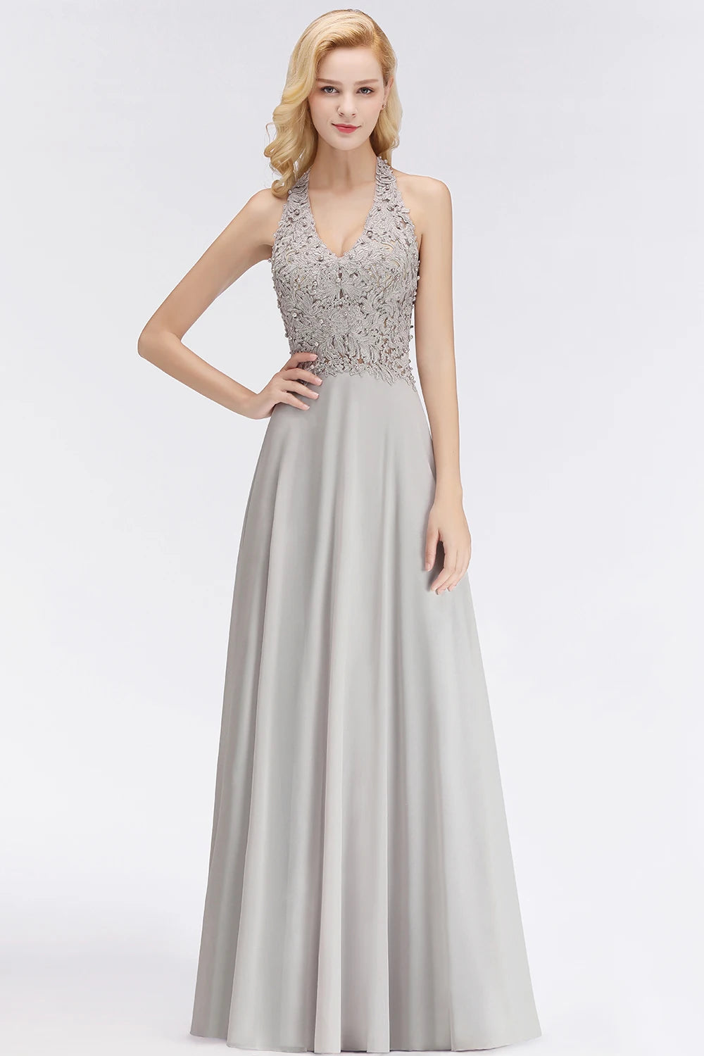 BABYONLINE Halter Neckline Lace Pearls Bodice Bridesmaid Dress Long Floor-length Skirt Chiffon Sexy Open Back Wedding Clothes