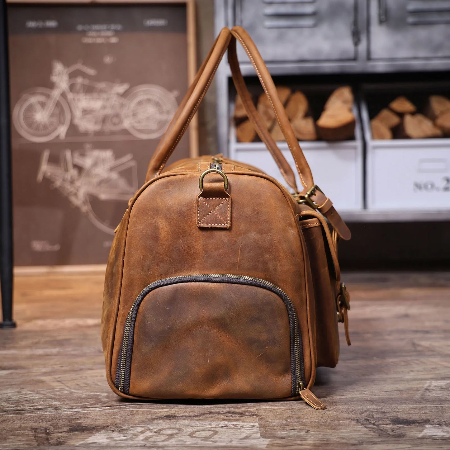 S.WORKER Vintage Genuine Leather Travel Bag Crazy-horse Cowhide Leather Duffel Bag Handicrafted Weekender Bag Gym Bag