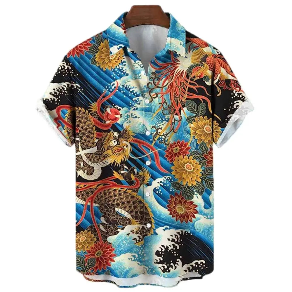 Japanese Men's Shirts Koi Print Hawaiian Buttons Beach Aloha Tops New 2024