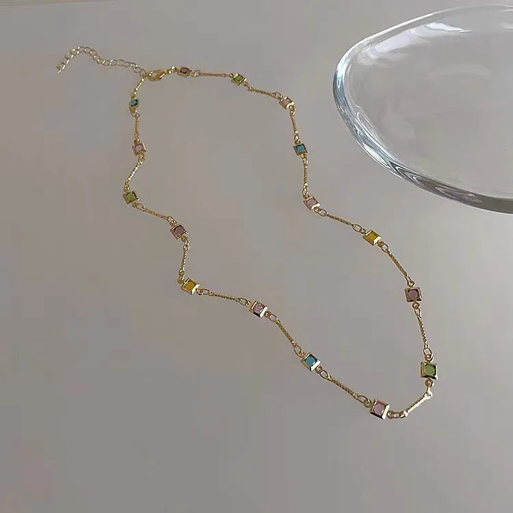 Hot Sale Colorful Square Rhinestone Necklace Fashion Exquisite Light Luxury Zircon Clavicle Chain Female Wedding Jewelry Gifts