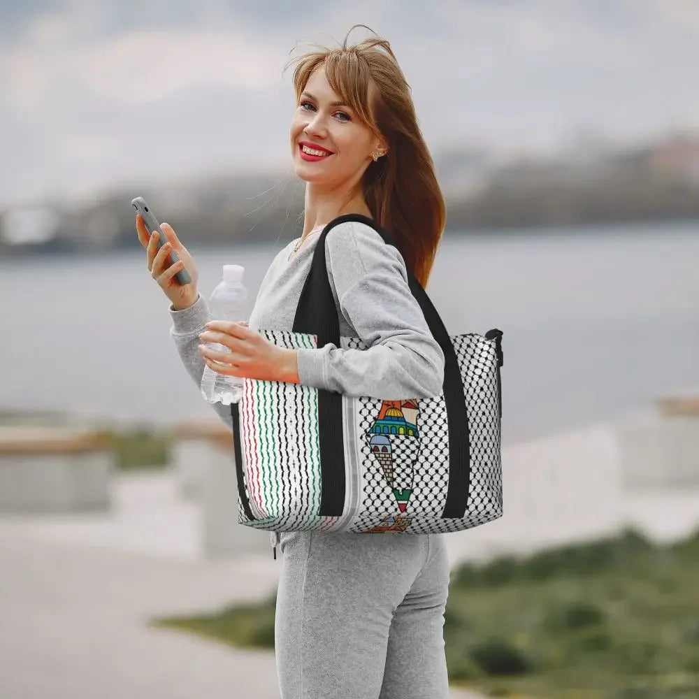 Custom Arabic Calligraphy Name With Palestinians Flag Hand Grocery Tote Shopping Bag Women Large Capacity Beach Gym Travel Bags