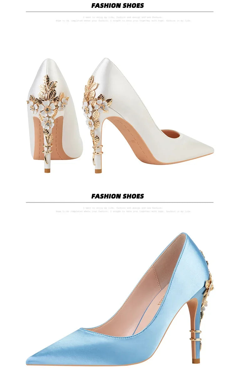 Women's Metal Flowers Stiletto High-heel Shoes Female Light Luxury Sexy Fashion Wedding Shoes Pointed Toe Satin Single Shoes