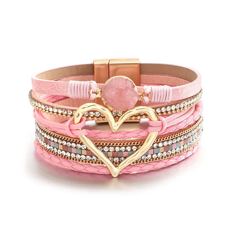 WYBU Love Heart Charm Leather Bracelets For Women Fashion Braided Bangles Multilayer Resin Stone Hollow Leather Wrap Bracelets