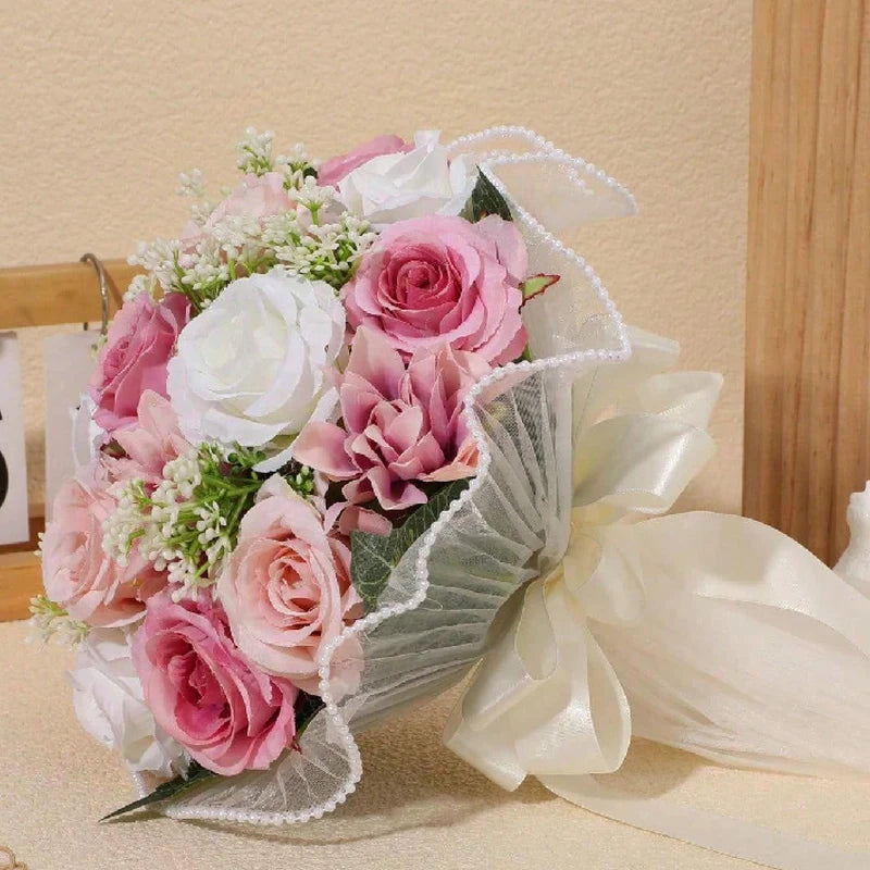 1PC White Rose Bouquets for Bride Bridesmaid Bouquets Wedding Tossing Bouquet photography props Ball Party Valentine's Day Gift