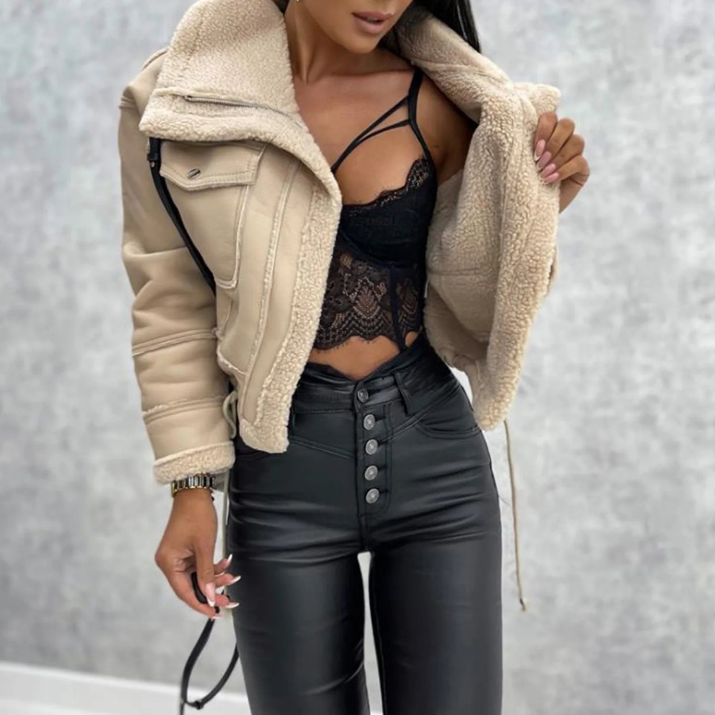 2025 Autumn Winter Women's Jacket New Fashion Lamb Fur Splicing Short Coat Zipper Motorcycle PU Leather Jacket Tops Female
