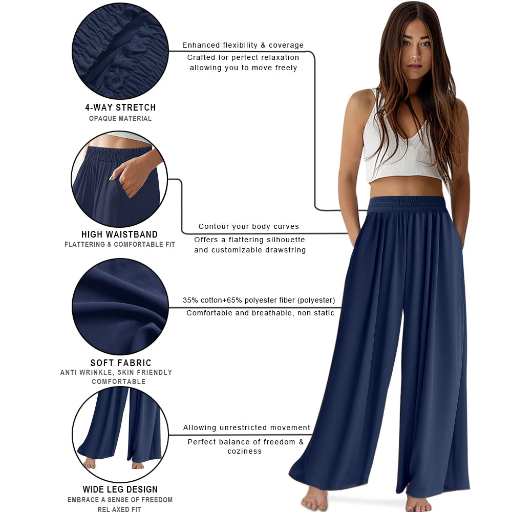 Spring Summer Women Elastic High Waisted Wide Leg Pants Female Solid Long Length Pants Casual Loose Plus Size Ladies Trousers
