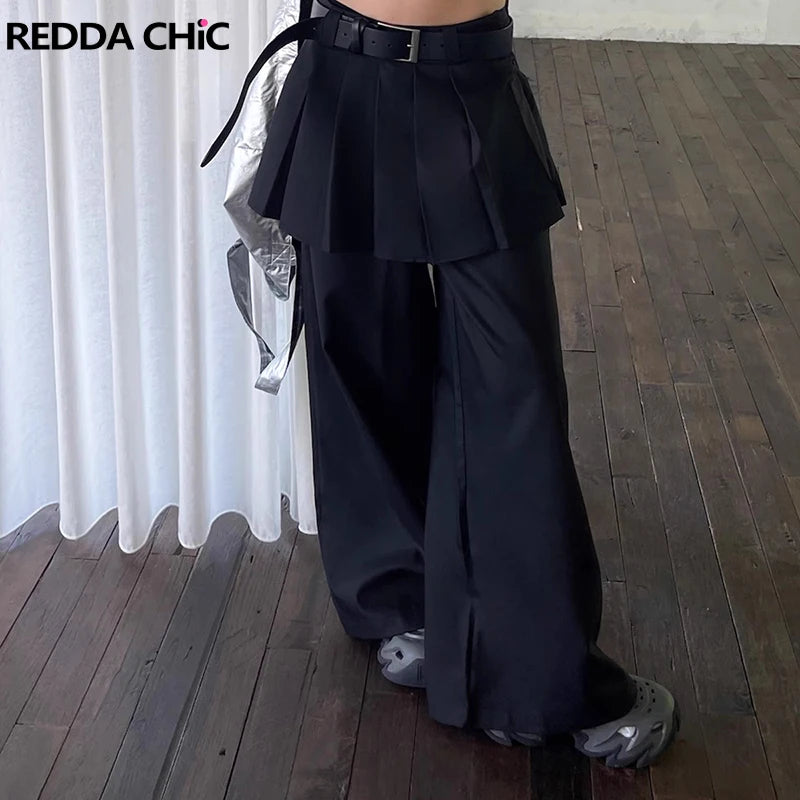 REDDACHiC Women's Pleated Skirt Overlay Suit Pants Work Casual Loose Cleanfit Black Plain Wide Leg Long Trousers Formal Clothes
