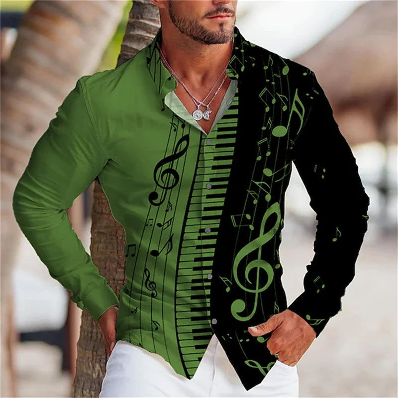 2023 Fashion Men's Shirt Music Note 3D Printing Lapel Button Top Long Sleeve Shirt Clothing Comfortable S-6XL