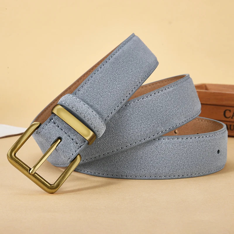 Fashion Suede Cowhide Women‘s Belts Genuine Leather 3.5cm Wide Belt Metal Buckle Women Belt Matched Dress Jeans Skinny Girdle