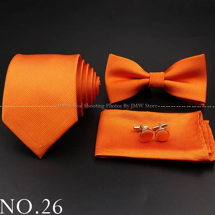 Hot Sale Red Blue Tie Set Polyester Slim Striped Necktie Bowtie Cufflink Brooch For Groom Suit Wedding Cravat Shirt Accessory
