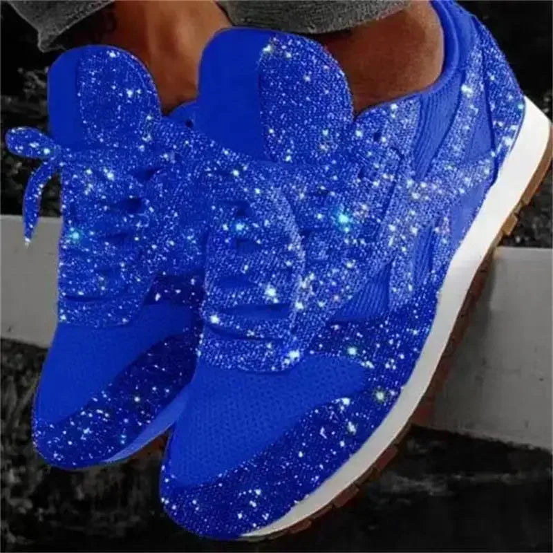 2024 New Women Flat Sneakers Casual Bling Vulcanized Shoes Women Mesh Lace Up Platform Plus Size Fashion Outdoor Woman Shoes