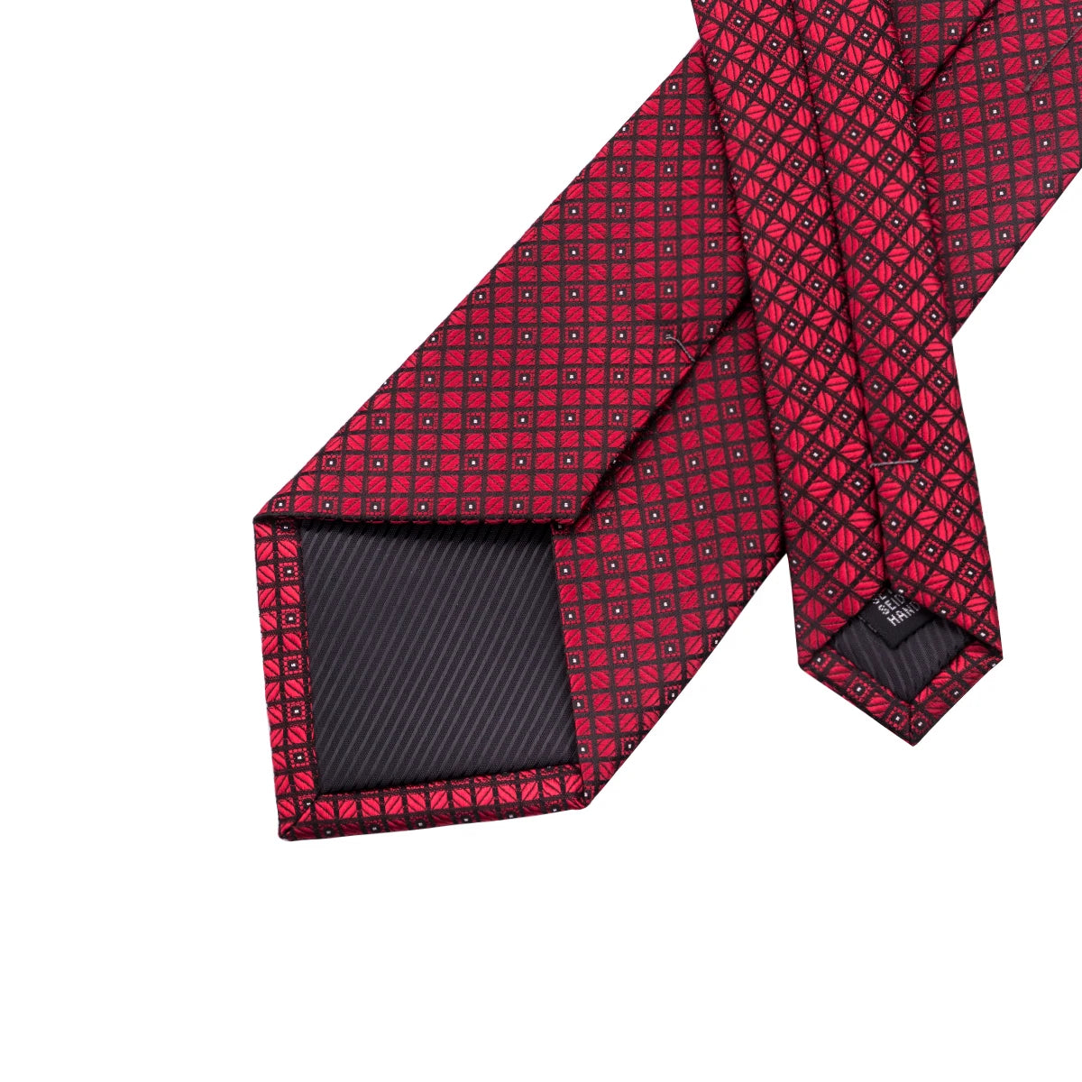 Hi-Tie Designer Red Burgundy Plaid Silk Wedding Tie For Men Handky Cufflink Gift Mens Necktie Fashion Business Party Dropshiping