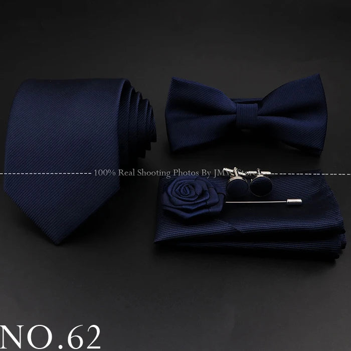 Hot Sale Red Blue Tie Set Polyester Slim Striped Necktie Bowtie Cufflink Brooch For Groom Suit Wedding Cravat Shirt Accessory