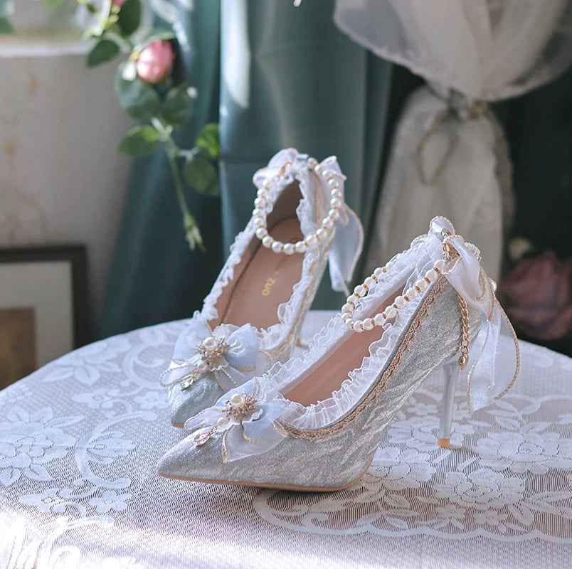 Lolita High Heels One Night Story Lolita Shoes Shiny Pointed High Heels Flower Wedding Ceremony 18 Year Old Slim Heels