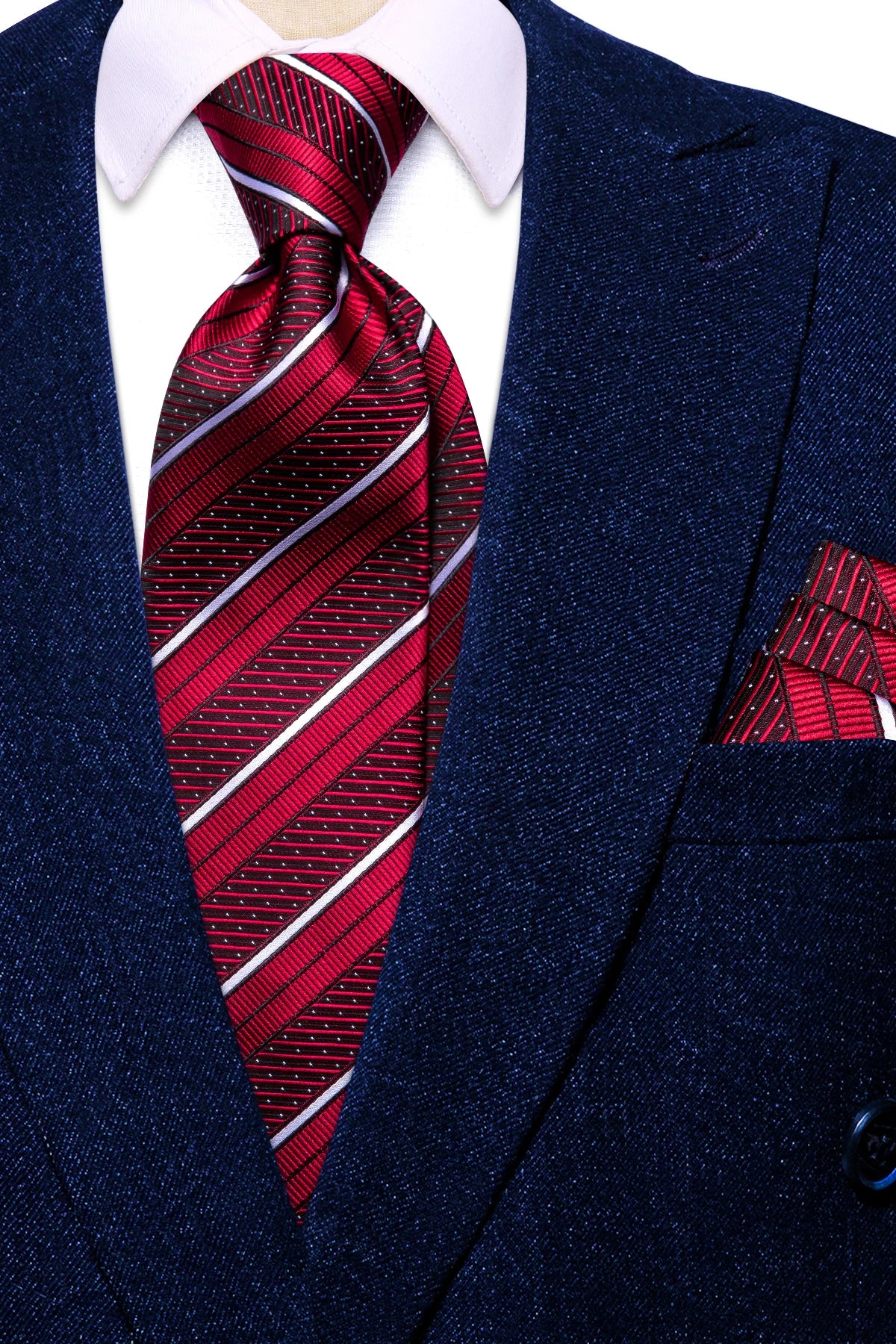 Hi-Tie Striped Burgundy Blue Black Men Elegant Necktie Handkerchief Cufflinks 3PCS Set Fashion Classic Silk Luxury Tie for Man