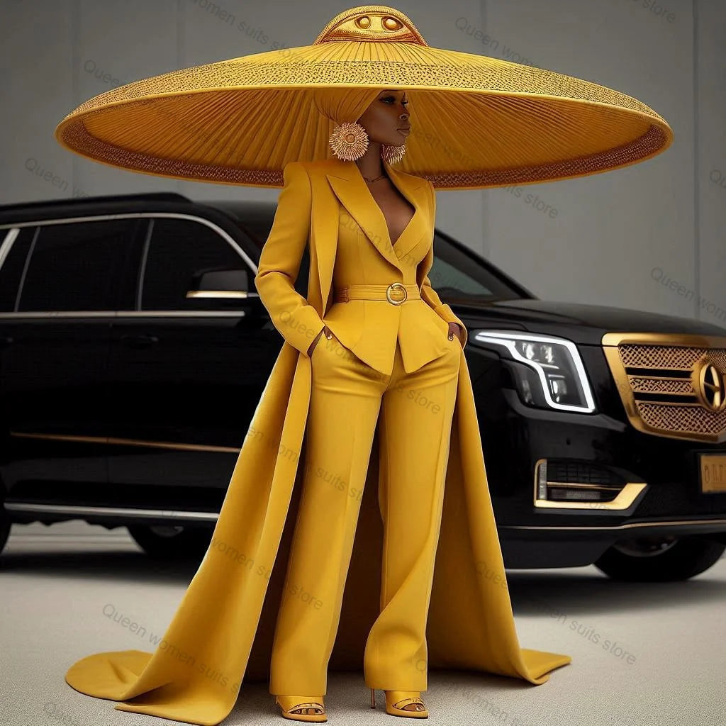 Long Wedding Women Pants Suit Set 2 Piece Blazer With Long Wrap+Trousers Jacket Coat Fomal Office Lady Customized Prom Dress